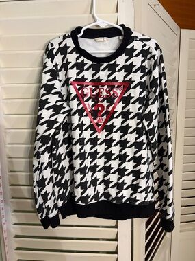 Guess Girls Black and White Houndstooth Sweatshirt with Red Logo